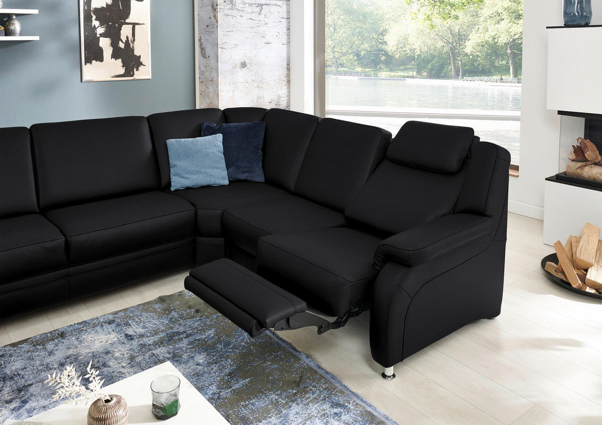 WOHNLANDSCHAFT Echtleder Schwarz  - Alufarben/Schwarz, Konventionell, Leder/Metall (165/329/239cm) - Beldomo Premium