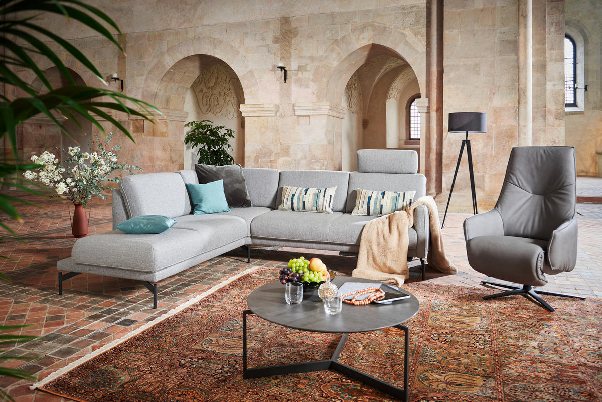 ECKSOFA in Flachgewebe Blaugrau  - Anthrazit/Blaugrau, Design, Textil/Metall (229/253cm) - Johann Jakob