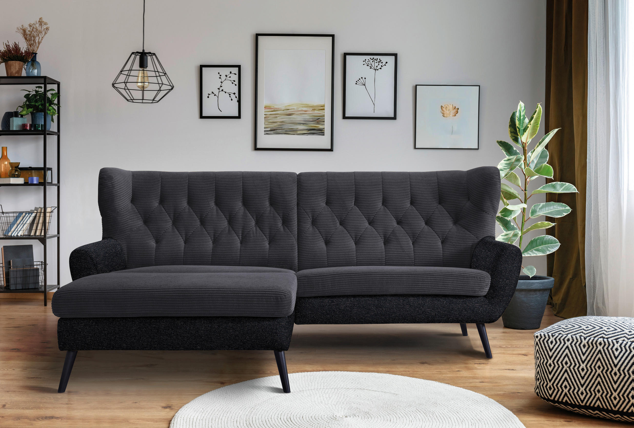 ECKSOFA in Cord Anthrazit  - Anthrazit/Schwarz, Design, Holz/Textil (165/237cm) - Stylife