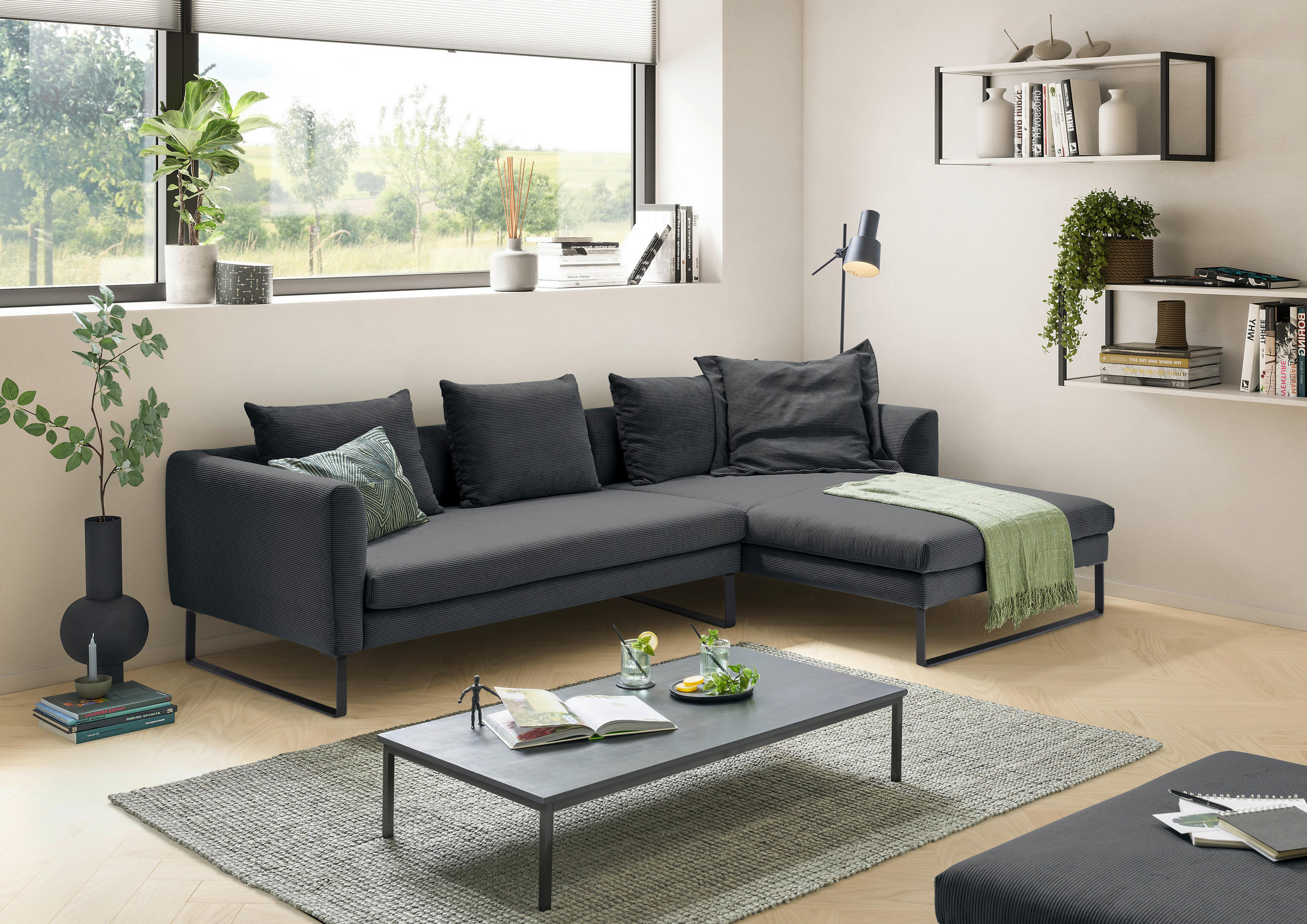 ECKSOFA Anthrazit Feincord  - Anthrazit/Schwarz, KONVENTIONELL, Textil/Metall (284/178cm) - Hom`in