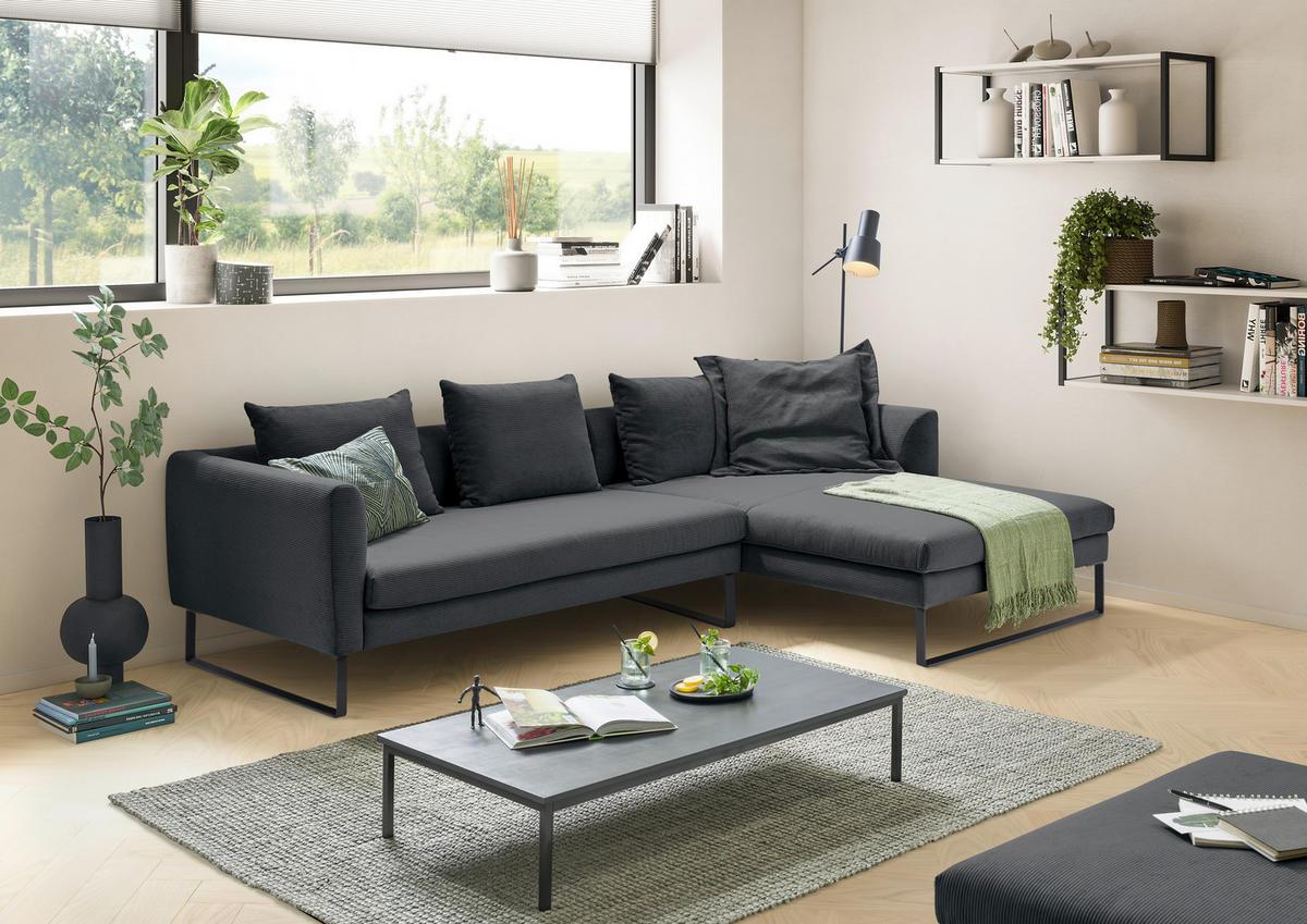 ECKSOFA Anthrazit Feincord  - Anthrazit/Schwarz, KONVENTIONELL, Textil/Metall (284/178cm) - Hom`in