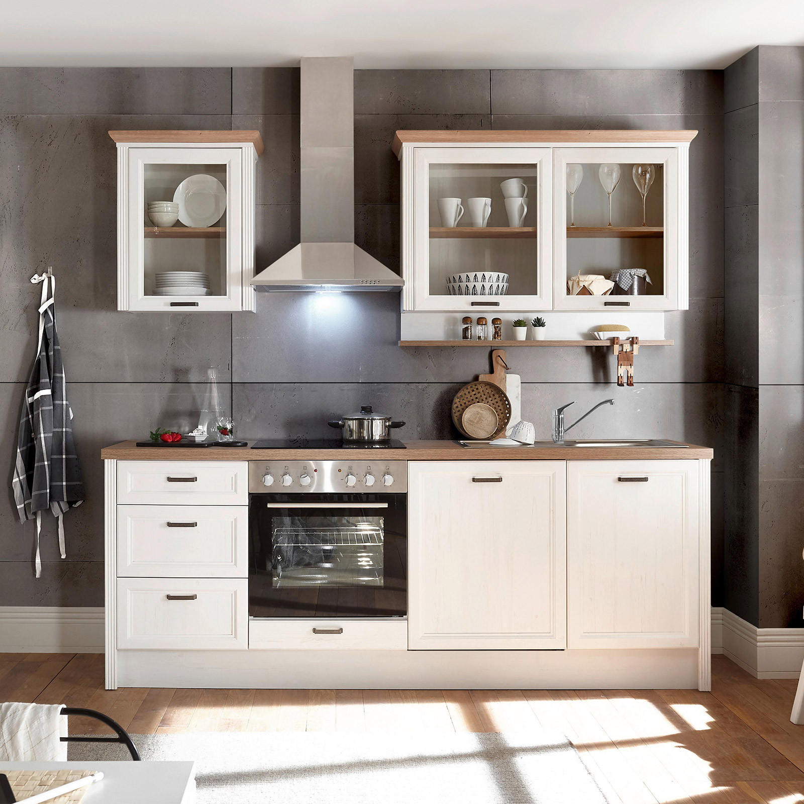 KÜCHENBLOCK 235 cm   in Pinienfarben, Eiche Artisan  - Anthrazit/Eiche Artisan, ROMANTIK / LANDHAUS, Glas/Holzwerkstoff (235cm) - MID.YOU