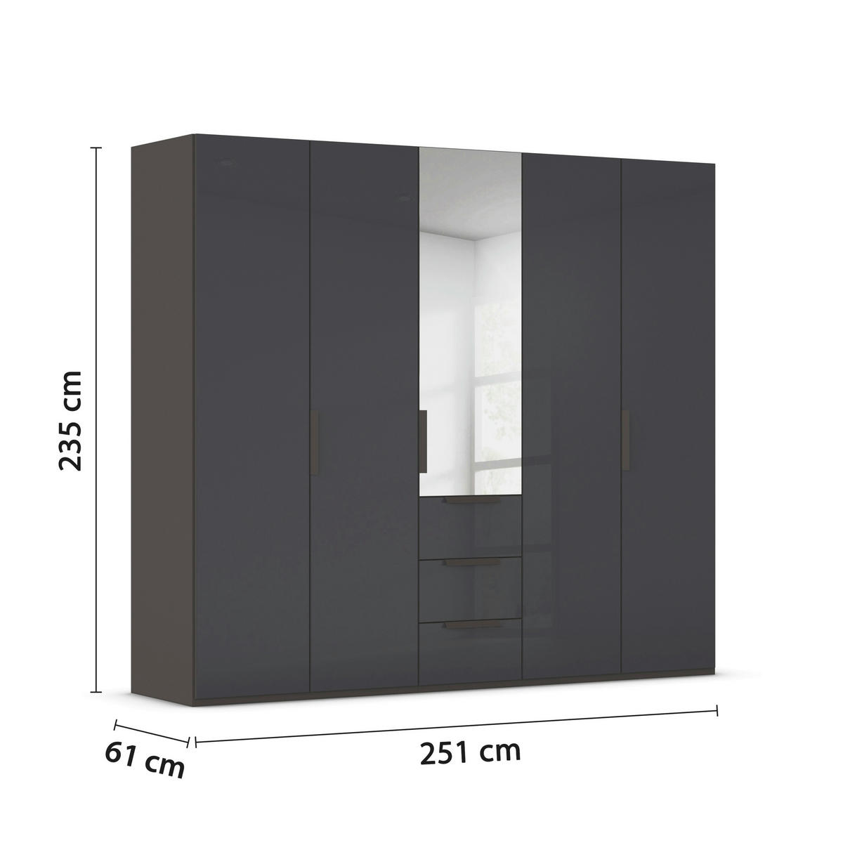 DREHTÜRENSCHRANK 251/235/61 cm,  in Graphitfarben, 5-türig  - Graphitfarben, Basics, Glas/Holzwerkstoff (251/235/61cm) - Novel