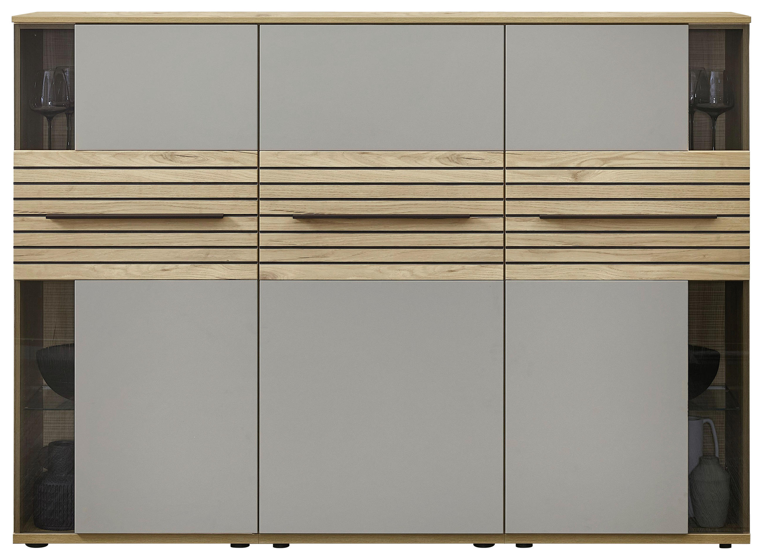 HIGHBOARD Grau, Eichefarben  180/131/40 cm  - Eichefarben/Schwarz, KONVENTIONELL, Glas/Holzwerkstoff (180/131/40cm) - Venda