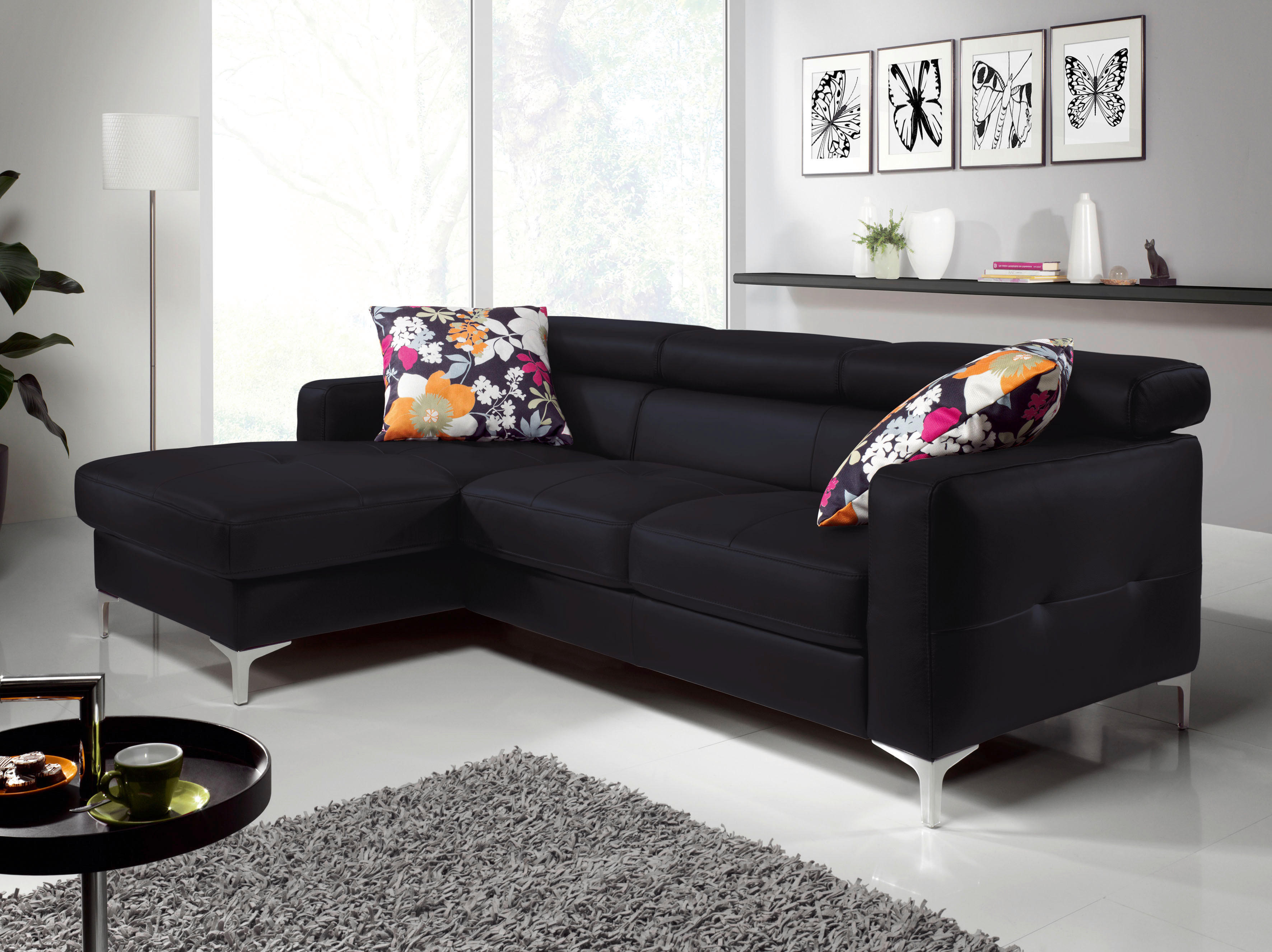 ECKSOFA in Echtleder Schwarz  168/227 cm  - Chromfarben/Schwarz, Design, Leder/Metall (168/227cm) - Livetastic