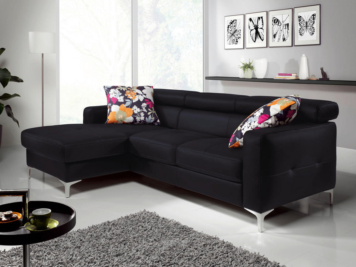 ECKSOFA in Echtleder Schwarz  - Chromfarben/Schwarz, Design, Leder/Metall (168/227cm) - Livetastic