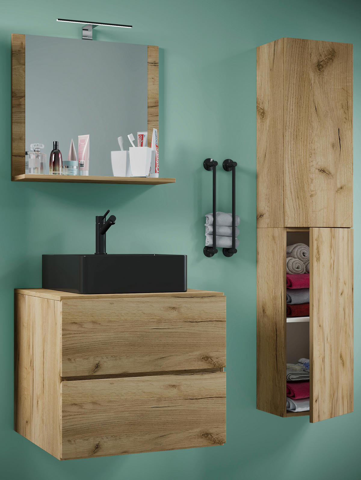 BADEZIMMER 4-teilig  in 94 cm  - Honigeiche/Schwarz, MODERN, Glas/Keramik (94cm) - MID.YOU