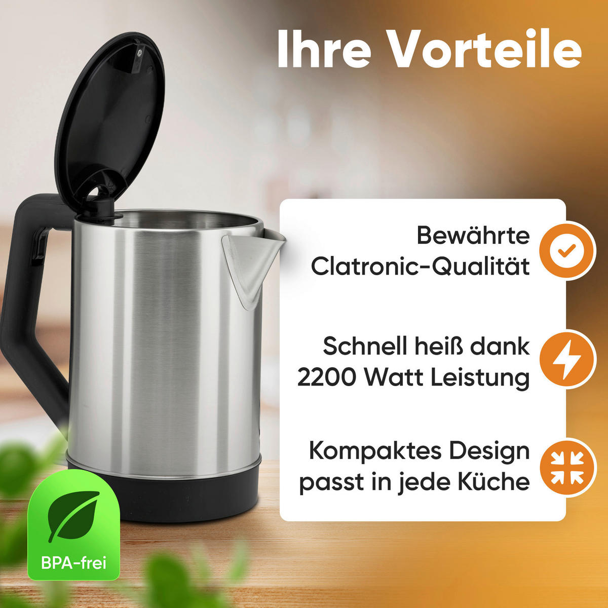 WASSERKOCHER 1,5 L  - Edelstahlfarben/Schwarz, Trend, Kunststoff/Metall (21/22/16cm) - Clatronic