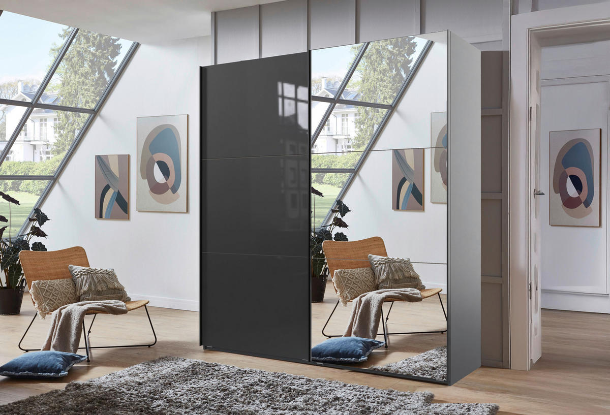 SCHWEBETÜRENSCHRANK 200/216/65 cm 2-türig Graphitfarben, Grau  - Schwarz/Graphitfarben, KONVENTIONELL, Glas/Holzwerkstoff (200/216/65cm) - Stylife