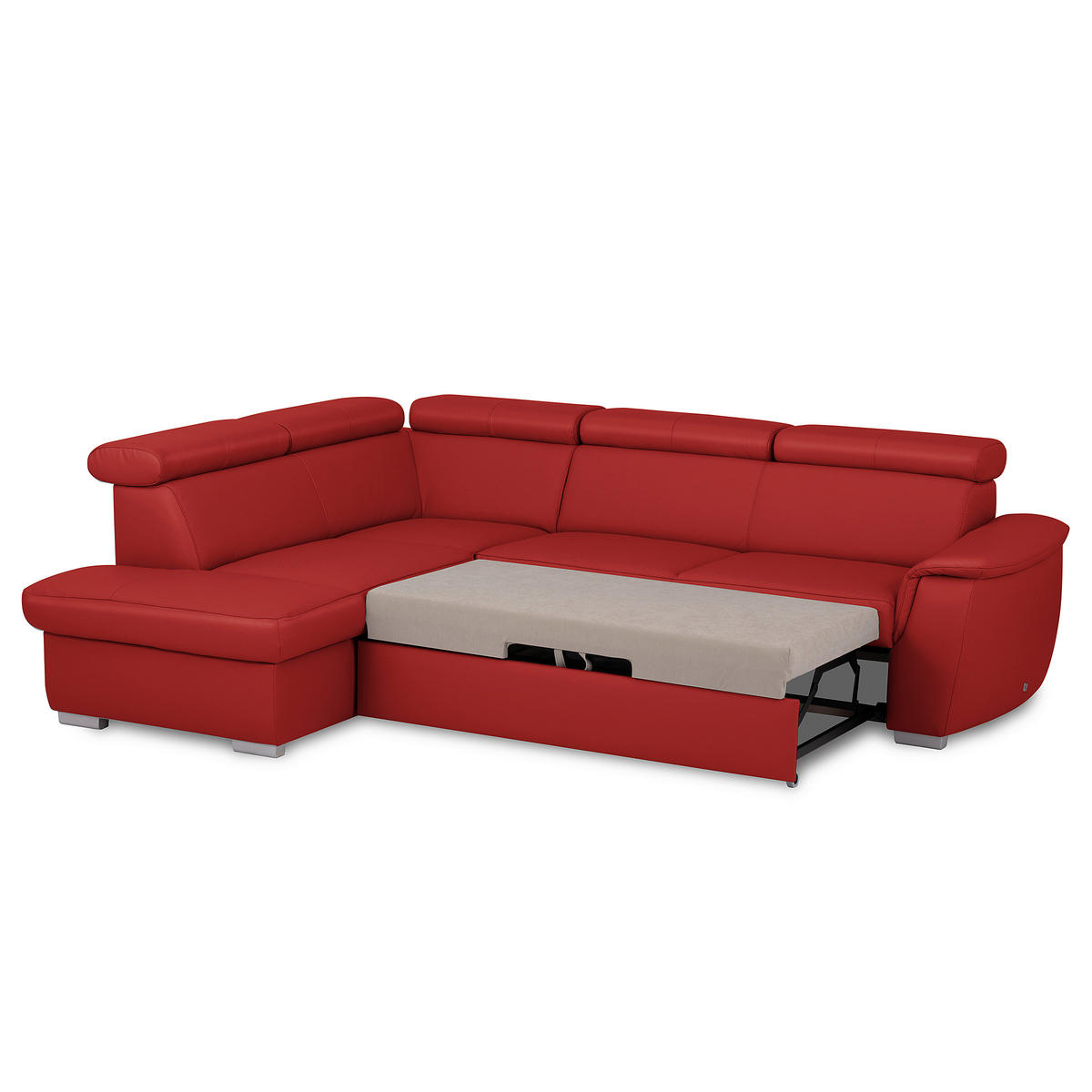 WOHNLANDSCHAFT Rot Kombination Echtleder/Lederlook Bettkasten, Schlaffunktion, Rücken echt, Armteilverstellung, Kopfteilverstellung  - Rot, Leder/Metall (211/262cm) - Celina Home