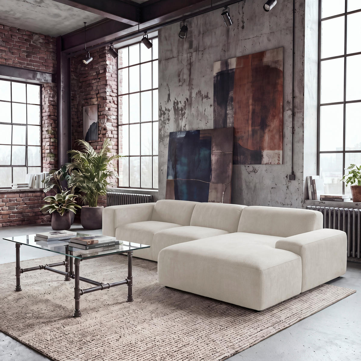 ECKSOFA HANNAH Creme Cord  - Creme/Schwarz, Design, Kunststoff/Textil (304/200cm) - MID.YOU