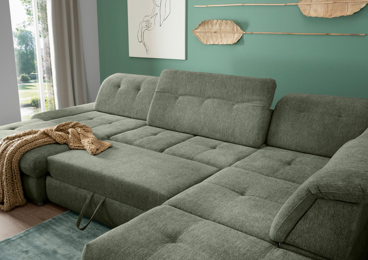 WOHNLANDSCHAFT in Chenille Dunkelgrün  - Chromfarben/Dunkelgrün, Design, Textil/Metall (195/376/254cm) - Livetastic