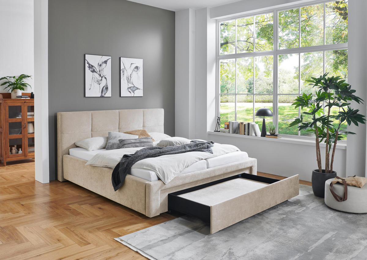 POLSTERBETT 180/200 cm,  in Beige, Bettschublade,  - Beige/Schwarz, Design, Kunststoff/Textil (180/200cm) - Stylife