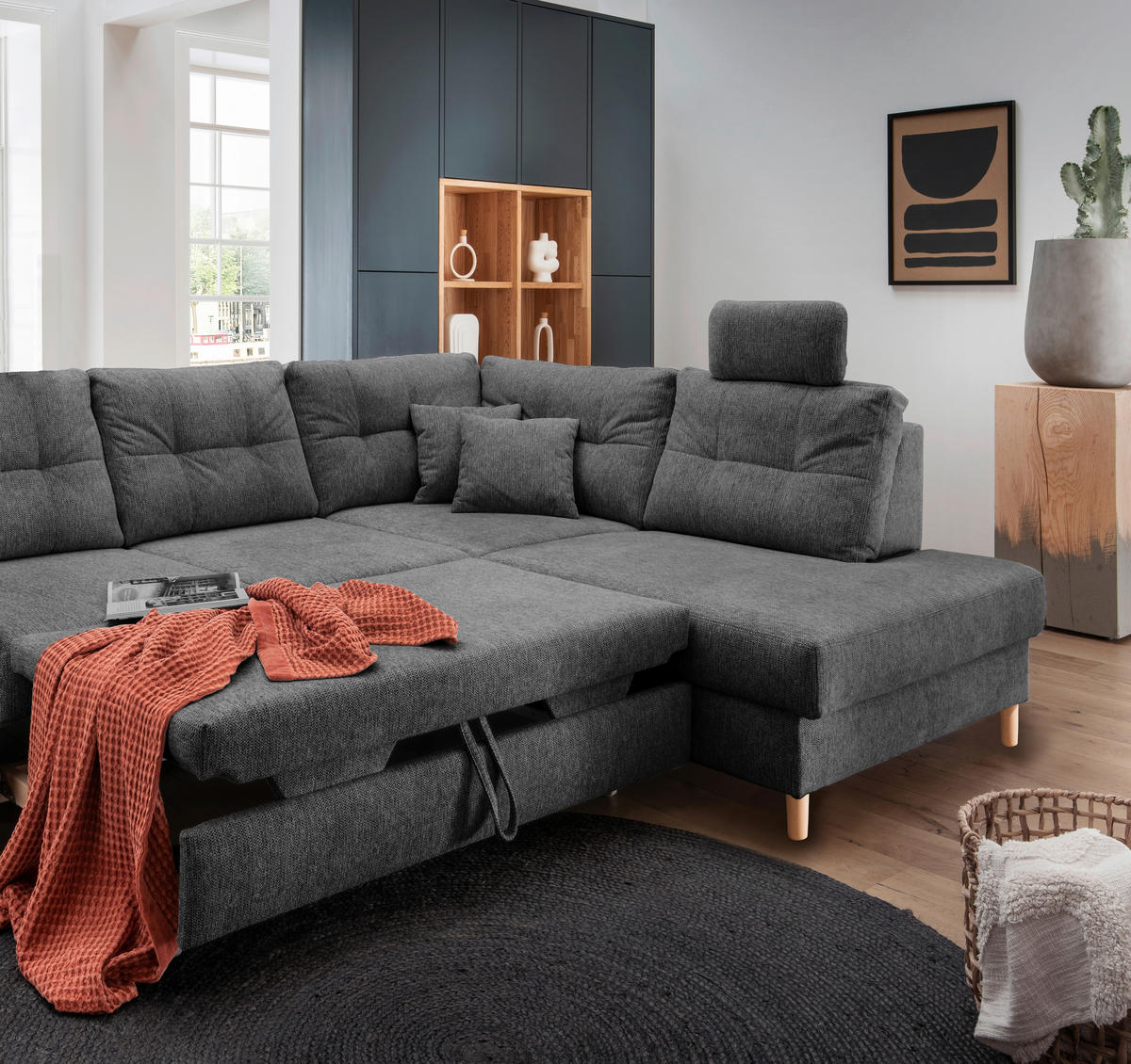 ECKSOFA in Chenille Anthrazit  - Anthrazit/Naturfarben, Modern, Holz/Textil (264/206cm) - Livetastic