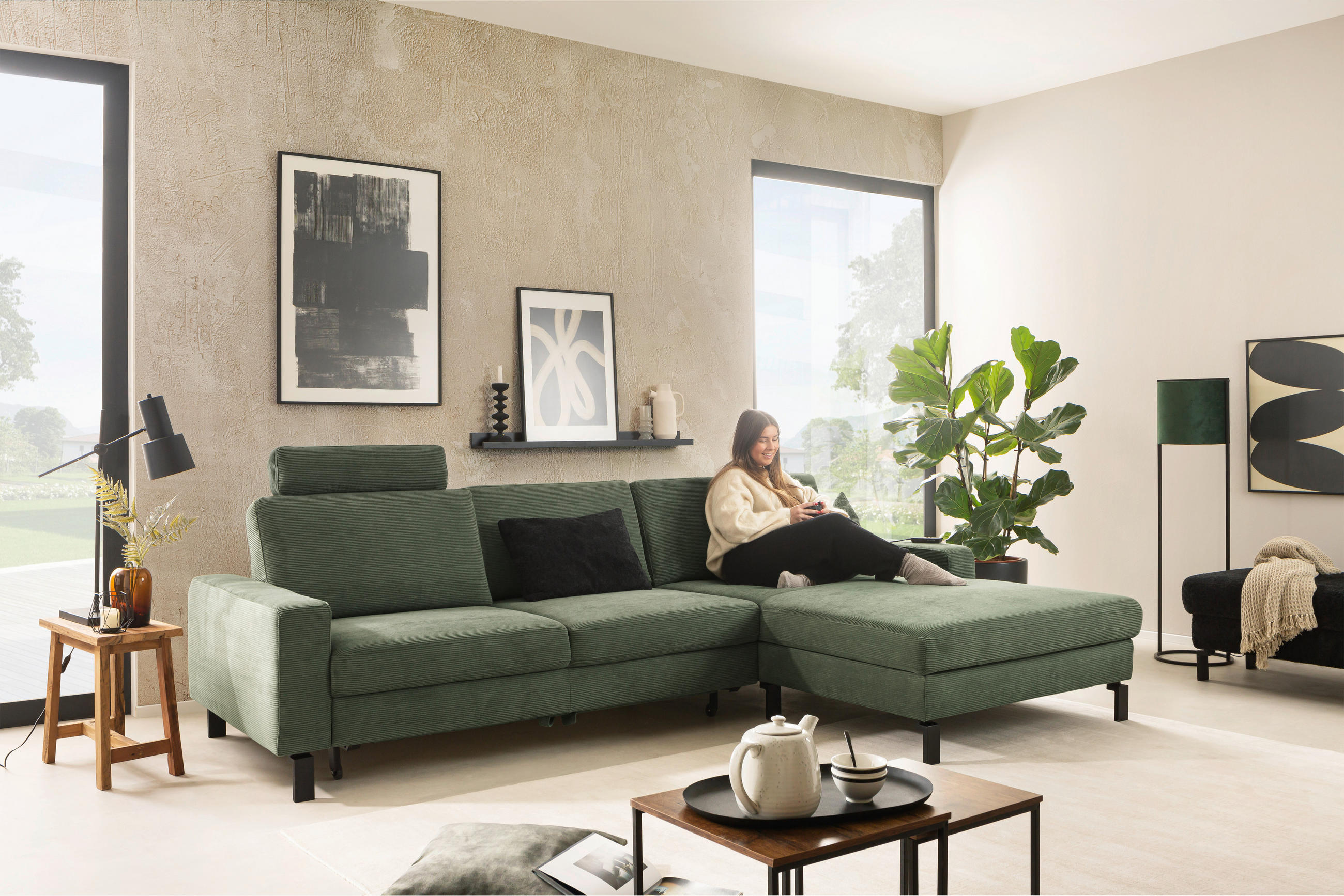 SAROKKANAPÉ textil olívazöld  - olívazöld/fekete, Design, textil/fém (298/185cm) - Pure Home Lifestyle