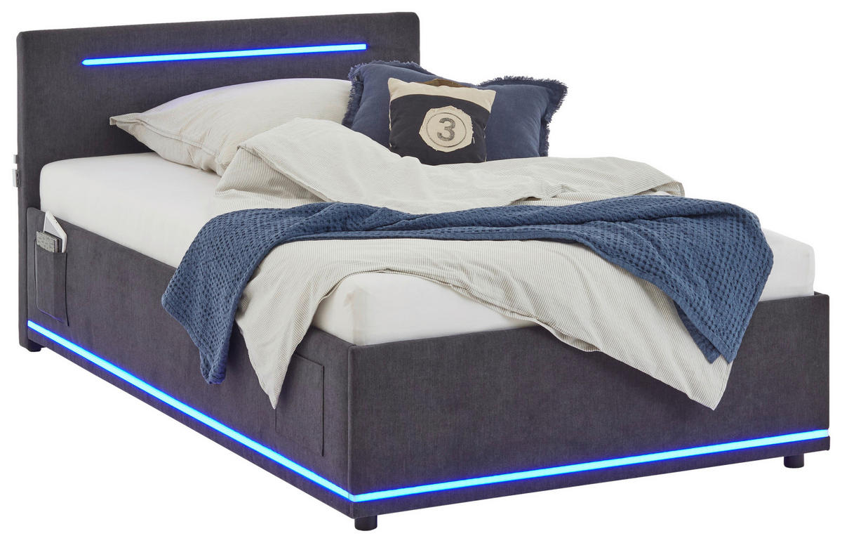 POLSTERBETT 120/200 cm,  in Graphitfarben, Beleuchtung,  - Schwarz/Graphitfarben, Design, Kunststoff/Textil (120/200cm) - Xora