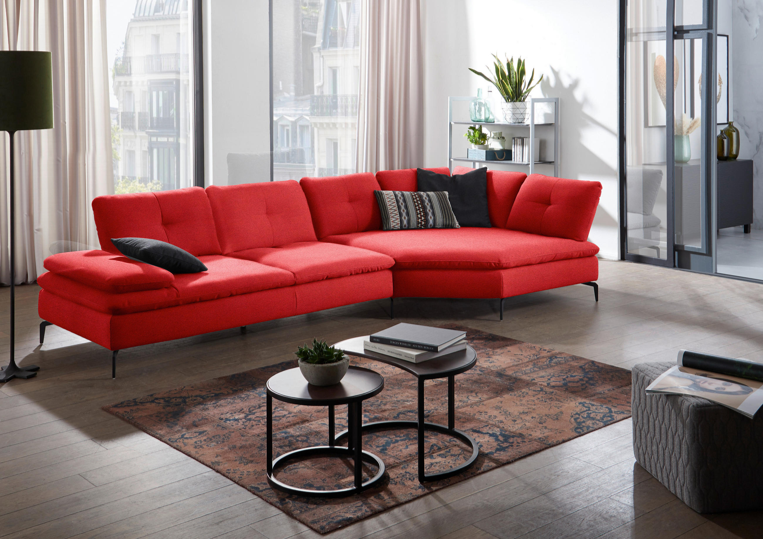 ECKSOFA in Flachgewebe Hellrot  - Hellrot/Schwarz, Design, Textil/Metall (344/157cm) - Chilliano