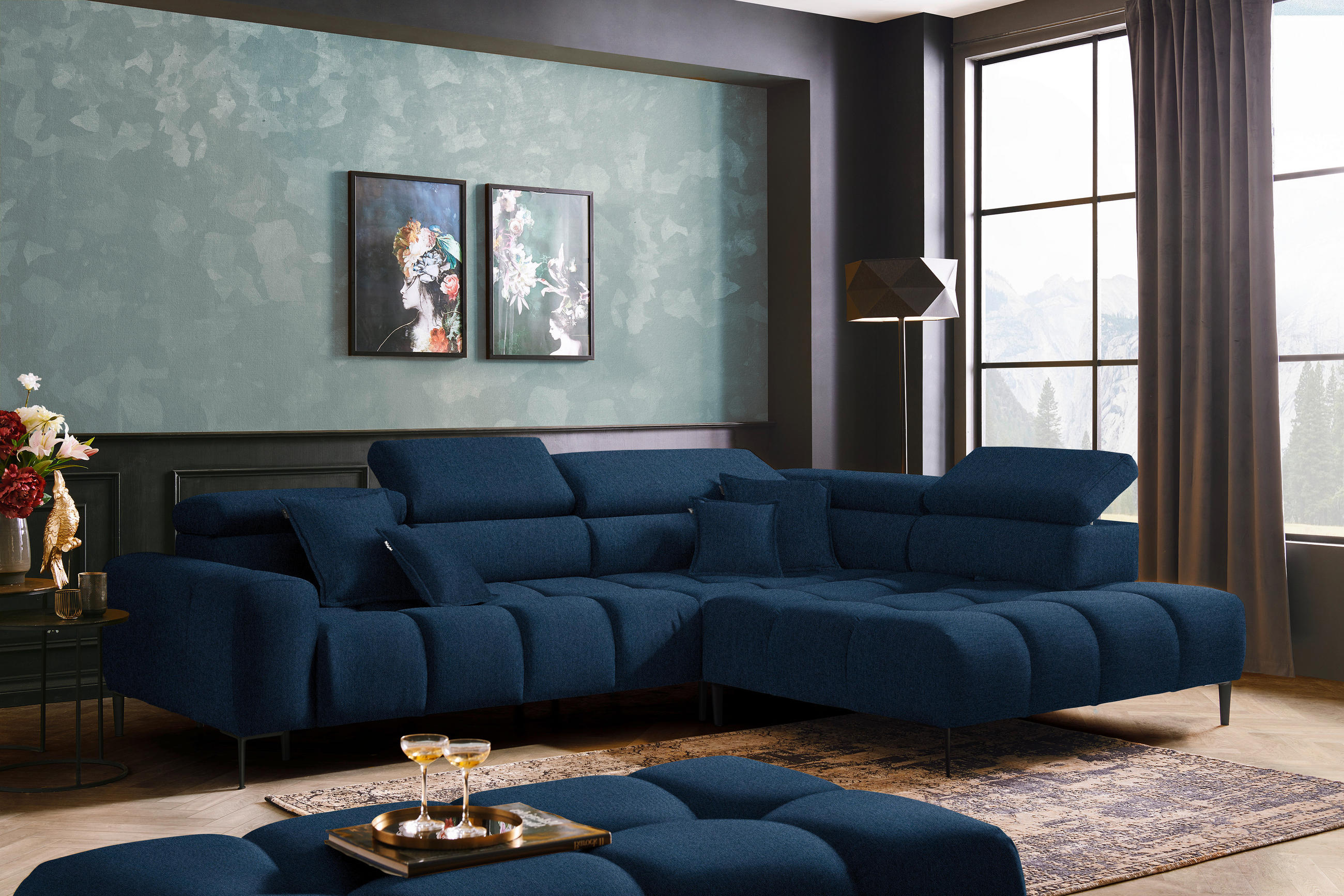 ECKSOFA in Webstoff Dunkelblau  - Schwarz/Dunkelblau, Design, Textil/Metall (300/216cm) - Welnova