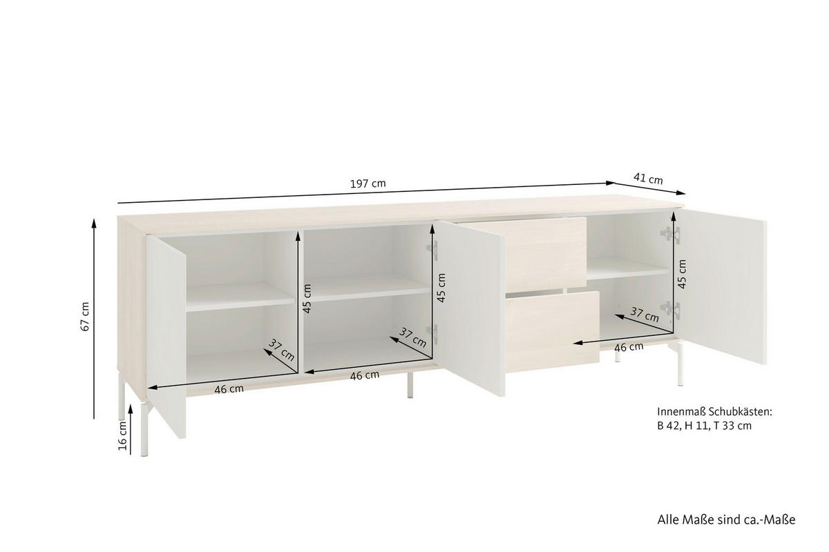 SIDEBOARD LABOE 197/67/41 cm 2 Schublade(n)  - Eiche Bianco/Seidengrau, MODERN, Holzwerkstoff (197/67/41cm) - Schöner Wohnen