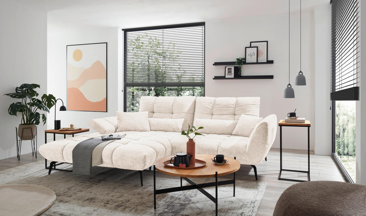 ECKSOFA Creme Flachgewebe Rücken echt, Sitztiefenverstellung  - Creme/Schwarz, KONVENTIONELL, Textil/Metall (211/273cm) - SetOne by Musterring