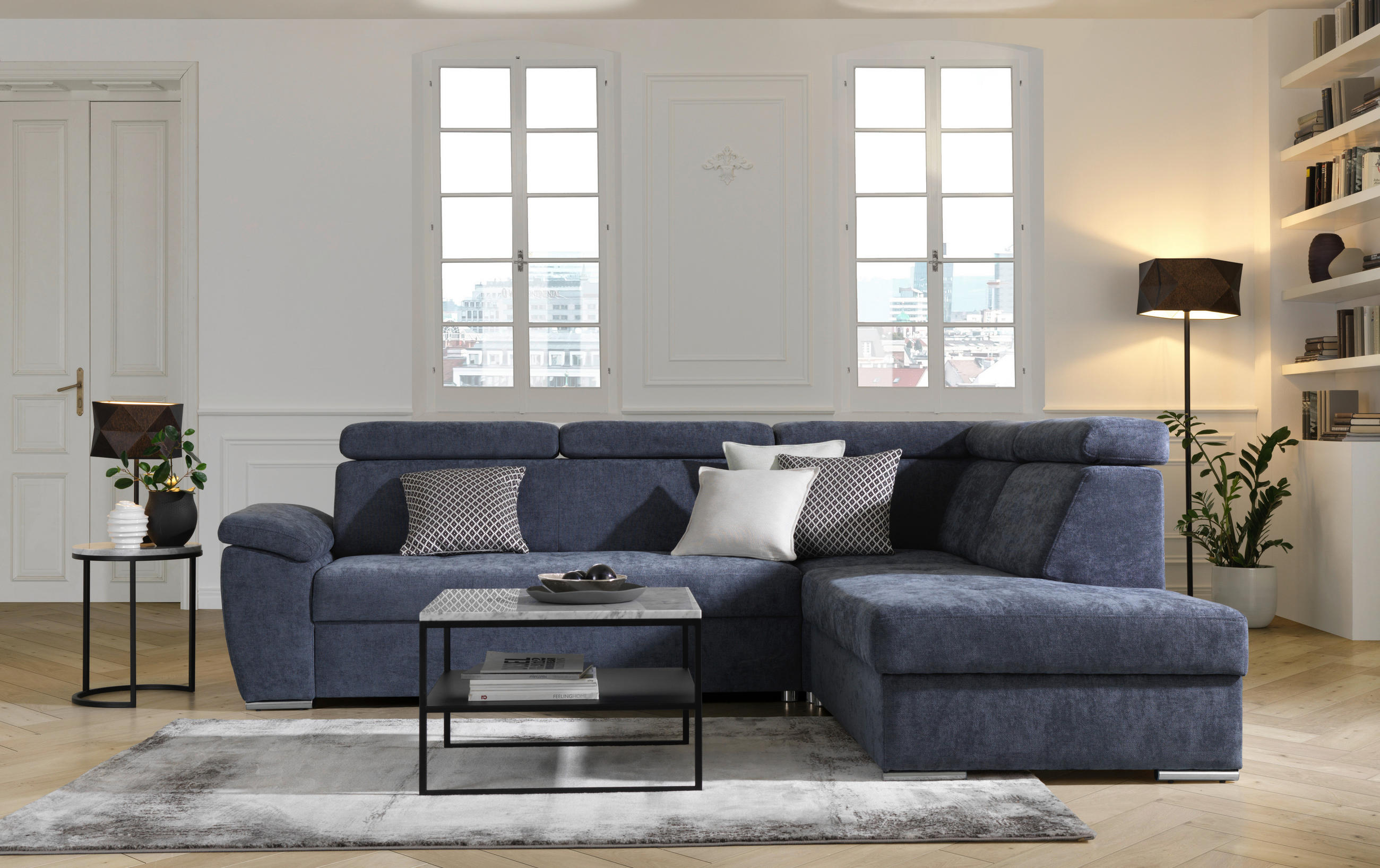 Ecksofa Dunkelblau Chenille  - Chromfarben/Dunkelblau, MODERN, Textil/Metall (270/230cm) - MID.YOU