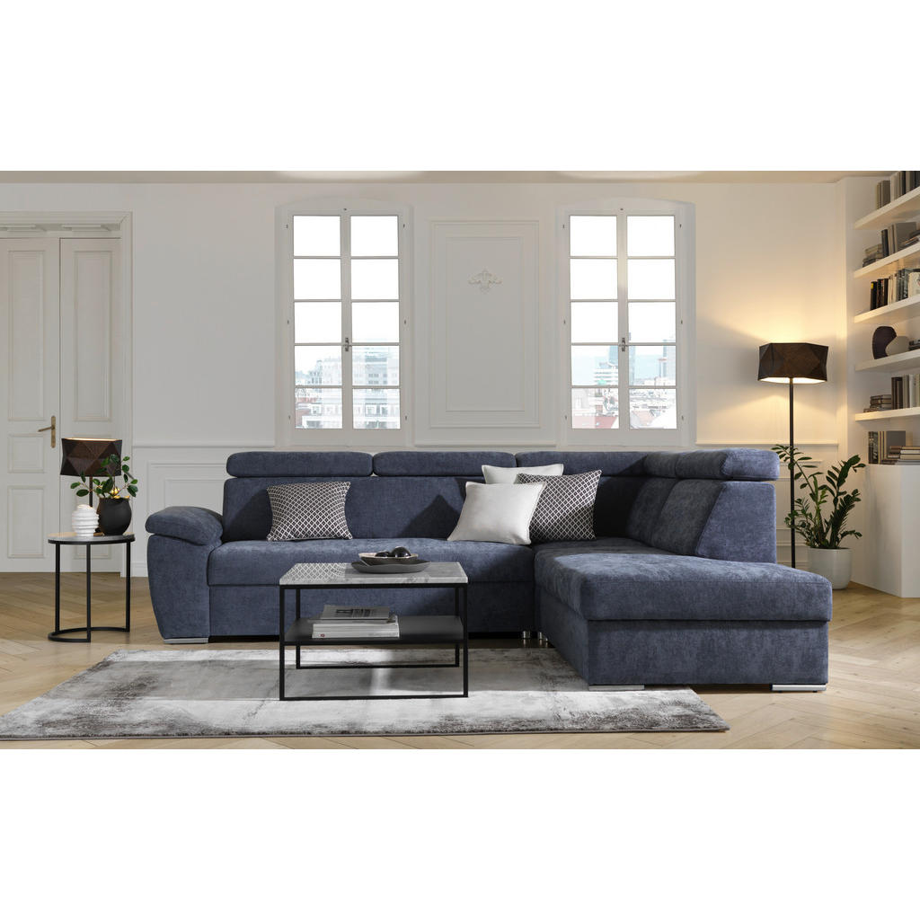 Thumbnail - Mid.you Ecksofa, Dunkelblau, Textil, Uni, 3-Sitzer, Ottomane rechts, L-Form, 270x230 cm, Bettkasten erhältlich, seitenve...