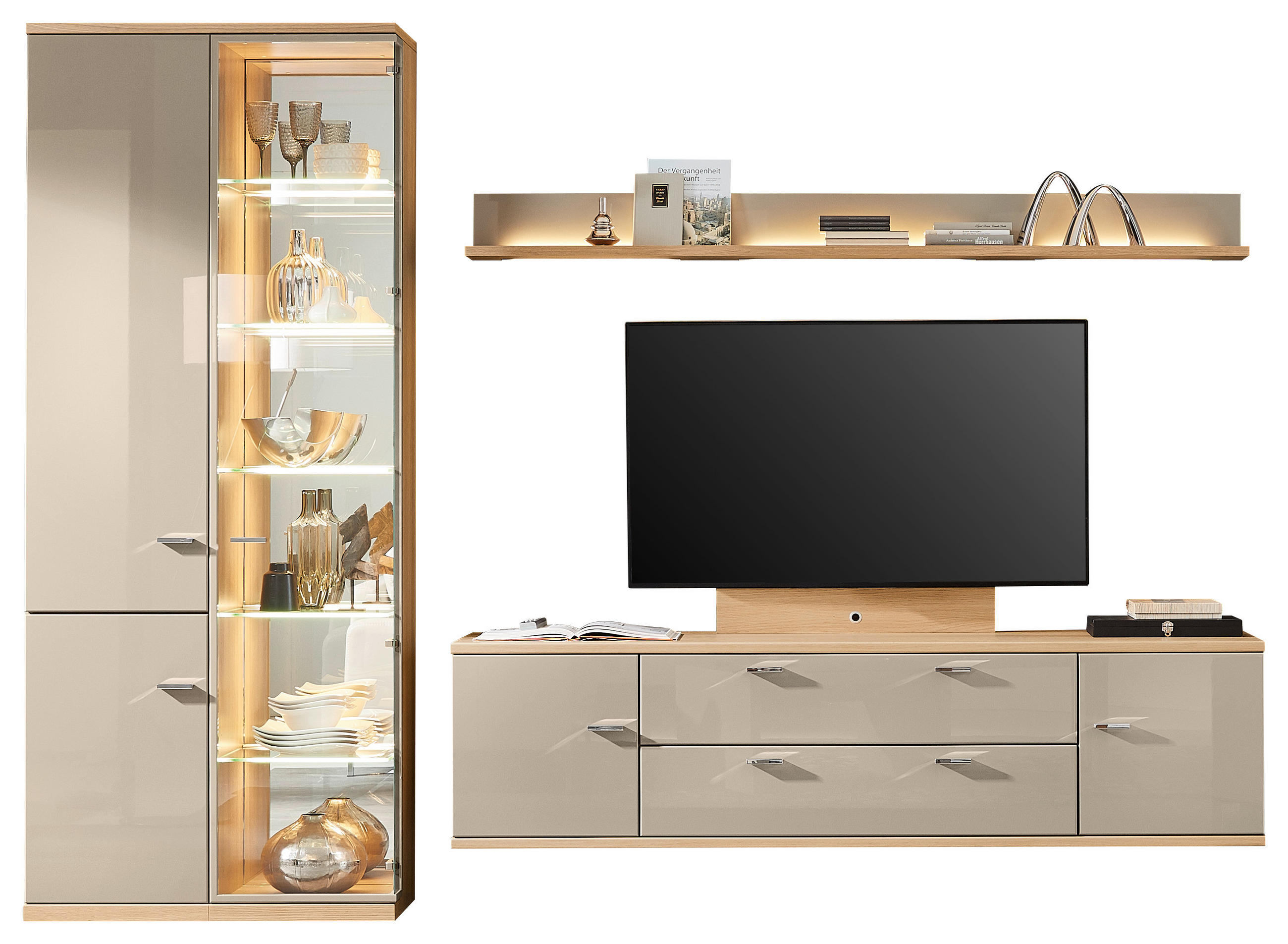 WOHNWAND  in Eichefarben, Sandfarben, Platinfarben  300/218,3/48,7 cm  - Sandfarben/Platinfarben, Design, Glas/Holz (300/218,3/48,7cm) - Invivus