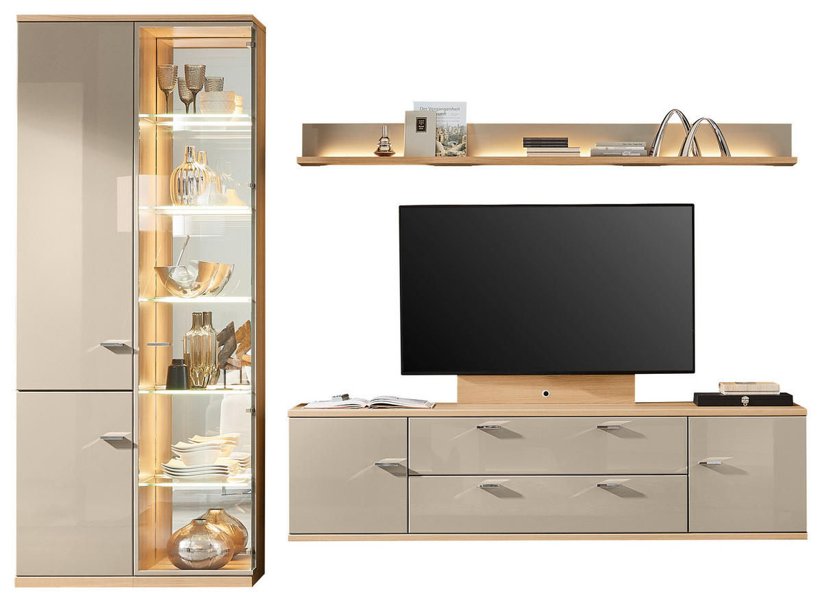 WOHNWAND  in Eichefarben, Sandfarben, Platinfarben  300/218,3/48,7 cm  - Sandfarben/Platinfarben, Design, Glas/Holz (300/218,3/48,7cm) - Invivus