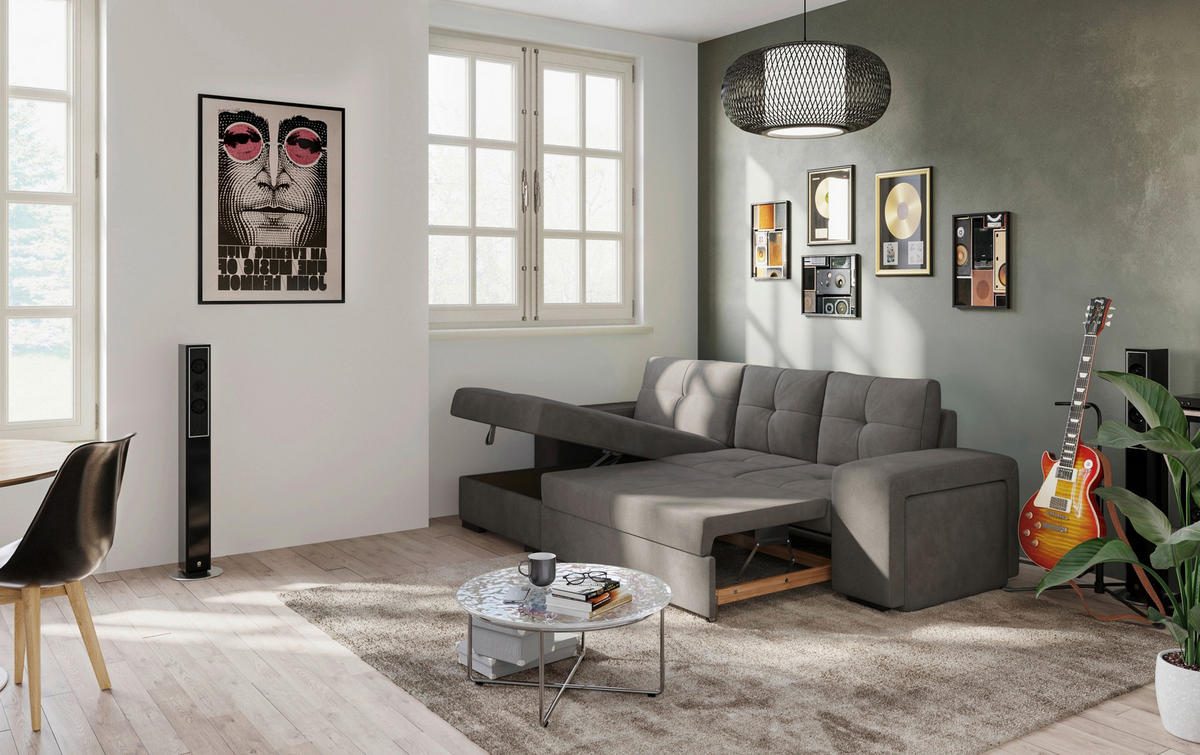 ECKSCHLAFSOFA in Mikrofaser Dunkelgrau  - Dunkelgrau/Schwarz, Modern, Kunststoff/Textil (156/268cm) - MID.YOU
