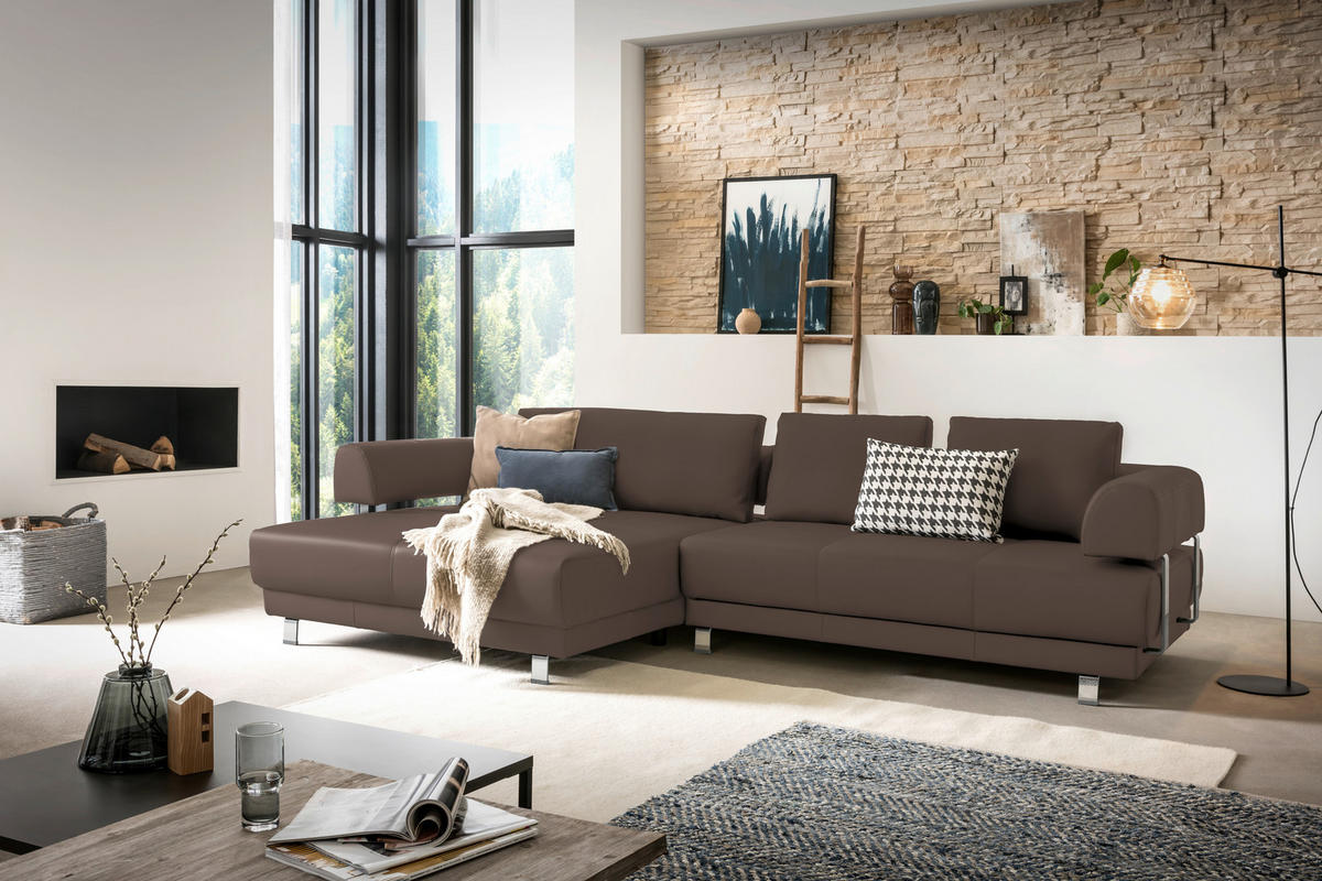 ECKSOFA in Echtleder Braun  - Braun, Design, Leder/Metall (188/307cm)