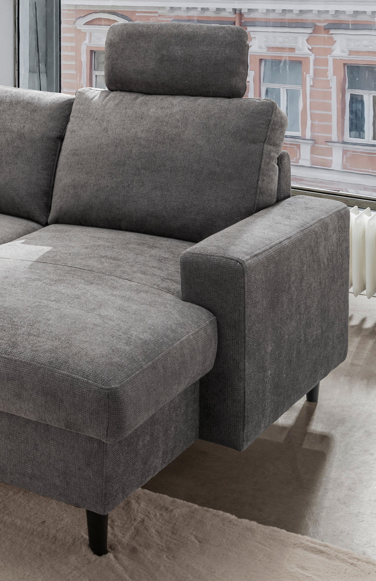 WOHNLANDSCHAFT in Chenille Dunkelgrau  - Dunkelgrau/Schwarz, Modern, Holz/Textil (200/305/153cm) - Livetastic