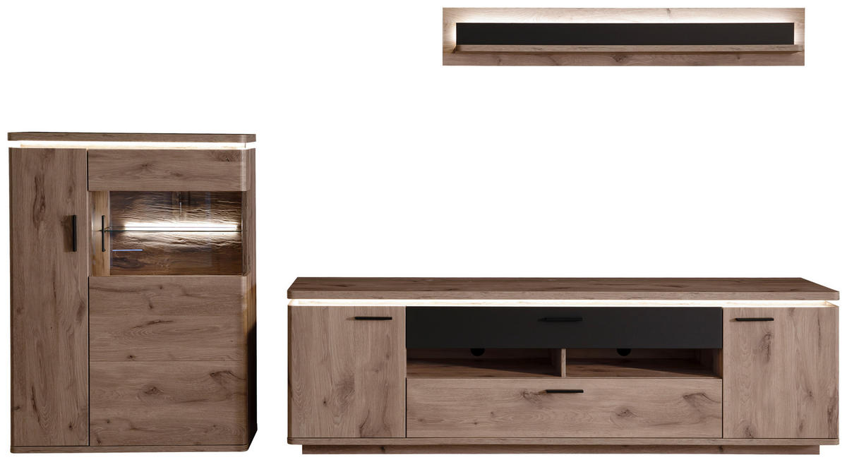 WOHNWAND 3-teilig  in Anthrazit, Eiche dunkel  310/181/50 cm  - Eiche dunkel/Anthrazit, KONVENTIONELL, Glas/Holzwerkstoff (310/181/50cm) - Cantus