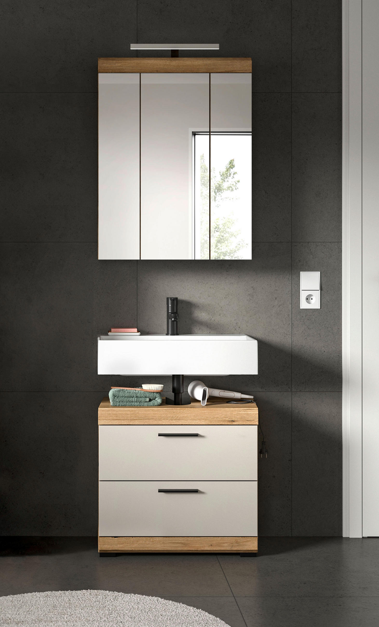 BADEZIMMER 2-teilig  in 60 cm  - Kaschmir/Schwarz, MODERN, Glas/Holzwerkstoff (60cm) - MID.YOU