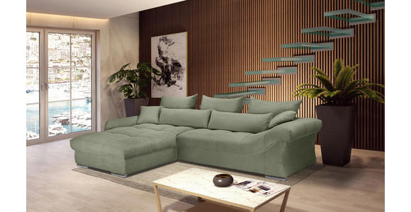 Carryhome ECKSOFA Olivgrün Cord, links davon: Topfpflanze in grün, rechts davon: Couchtisch, Bild, Lektüre in hellem Wohnzimmer.