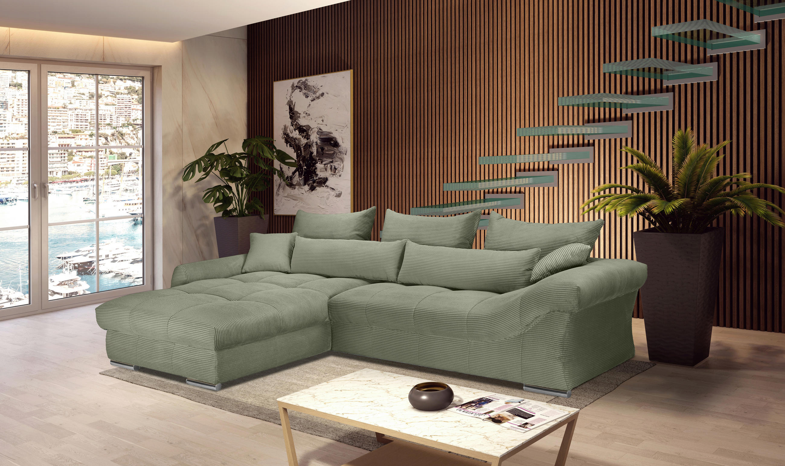 Carryhome ECKSOFA Olivgrün Cord, links davon: Topfpflanze in grün, rechts davon: Couchtisch, Bild, Lektüre in hellem Wohnzimmer.