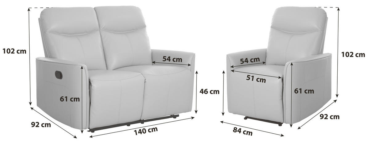 SITZGARNITUR Lederlook Grau  - Grau, KONVENTIONELL, Textil/Metall (140/102/92cm) - P & B