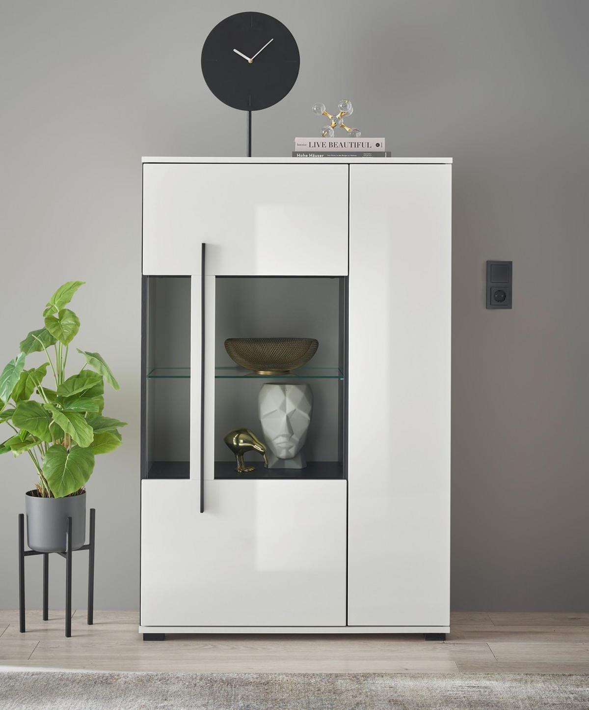 VITRINE  in Weiß Hochglanz  - Weiß Hochglanz/Schwarz, Design, Glas/Holzwerkstoff (90/140/37cm) - Livetastic