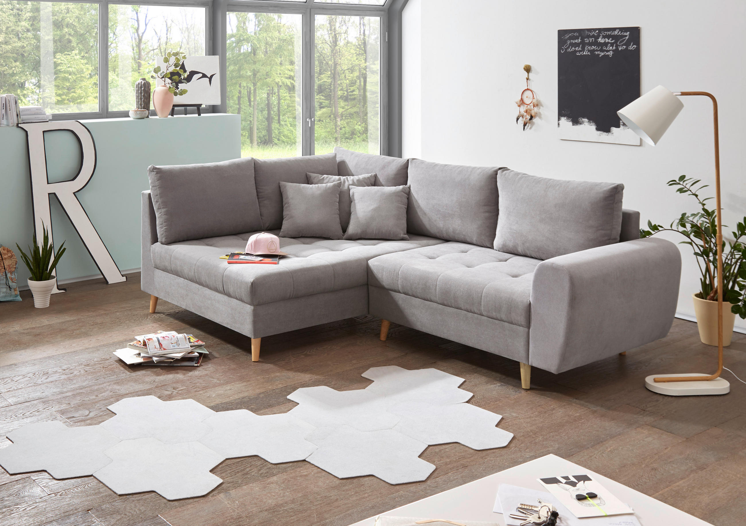 HÖRNSOFFA i mikrovelour ljusgrå  - furufärgad/ljusgrå, Klassisk, trämaterial/trä (175/249cm) - MID.YOU