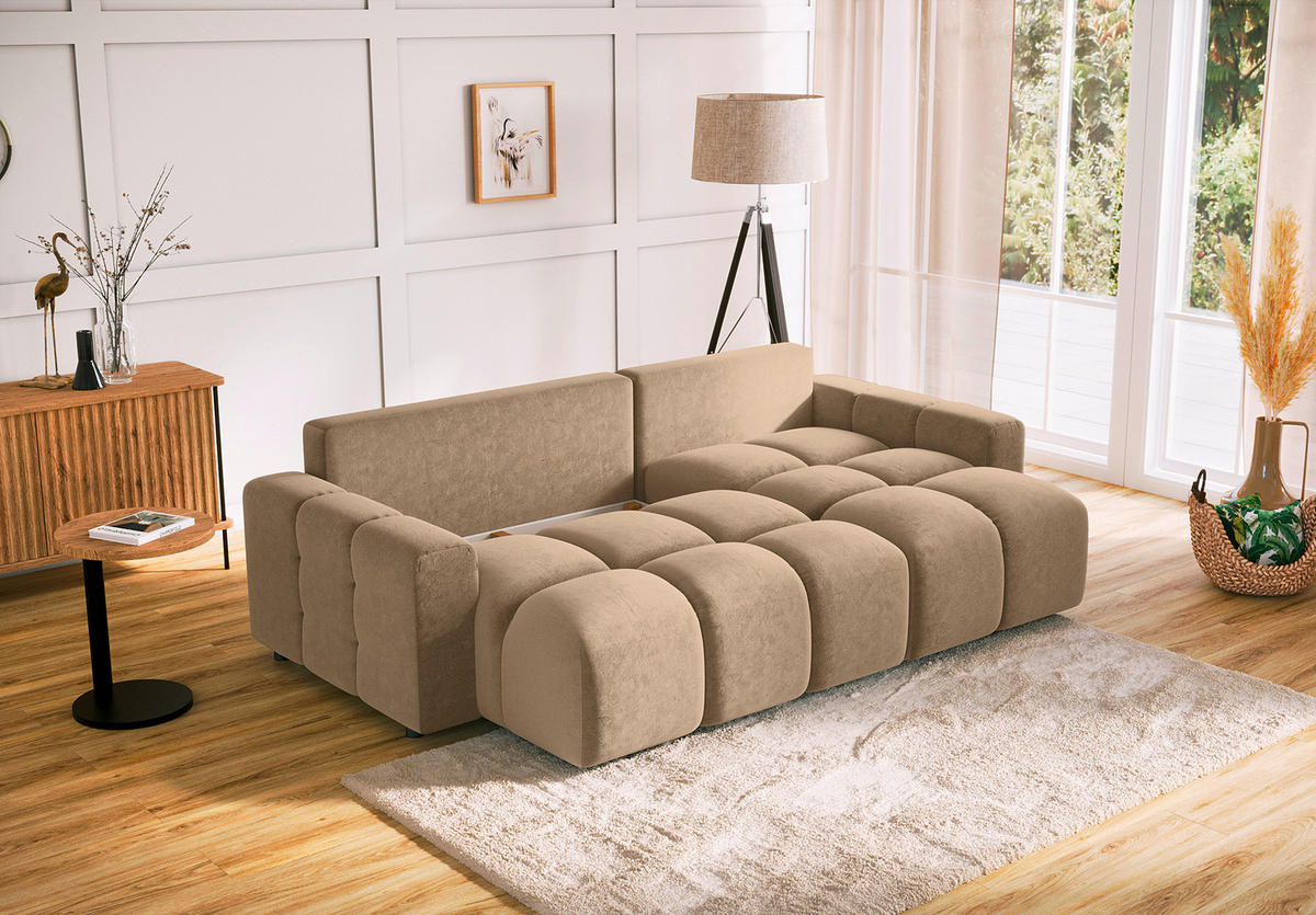 ECKSOFA Mikrofaser Beige  - Beige/Schwarz, Design, Kunststoff/Textil (233/142cm) - Livetastic
