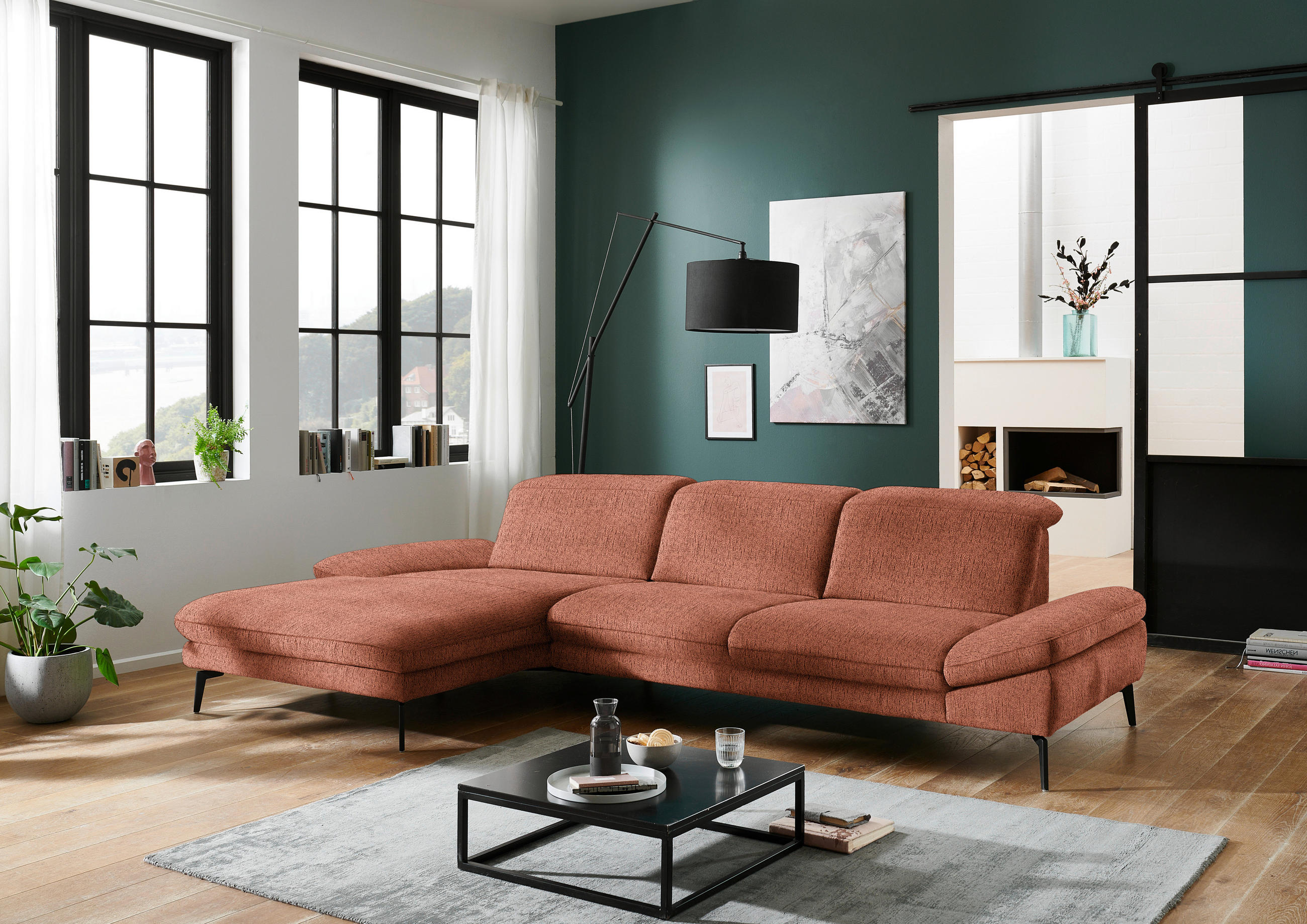 ECKSOFA in Chenille Rostfarben  188/319 cm  - Rostfarben/Schwarz, Design, Textil/Metall (188/319cm) - Beldomo System