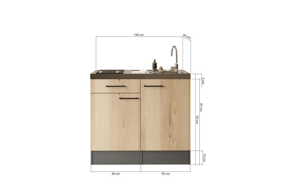 MINIKÖK 100 cm   i grå, ek Artisan  - svart/grå, Trend, metall/trämaterial (100cm) - Respekta