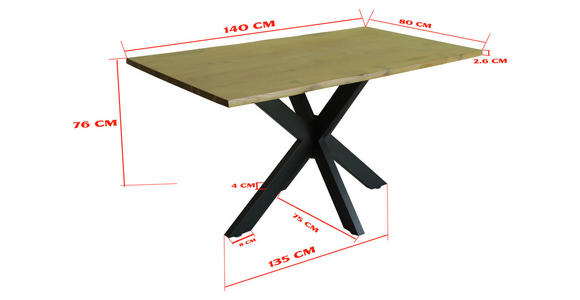 ESSTISCH 140/80/76 cm Echtholz  Holz, Metall rechteckig Eichefarben  - Eichefarben/Schwarz, LIFESTYLE, Holz/Metall (140/80/76cm) - Linea Natura
