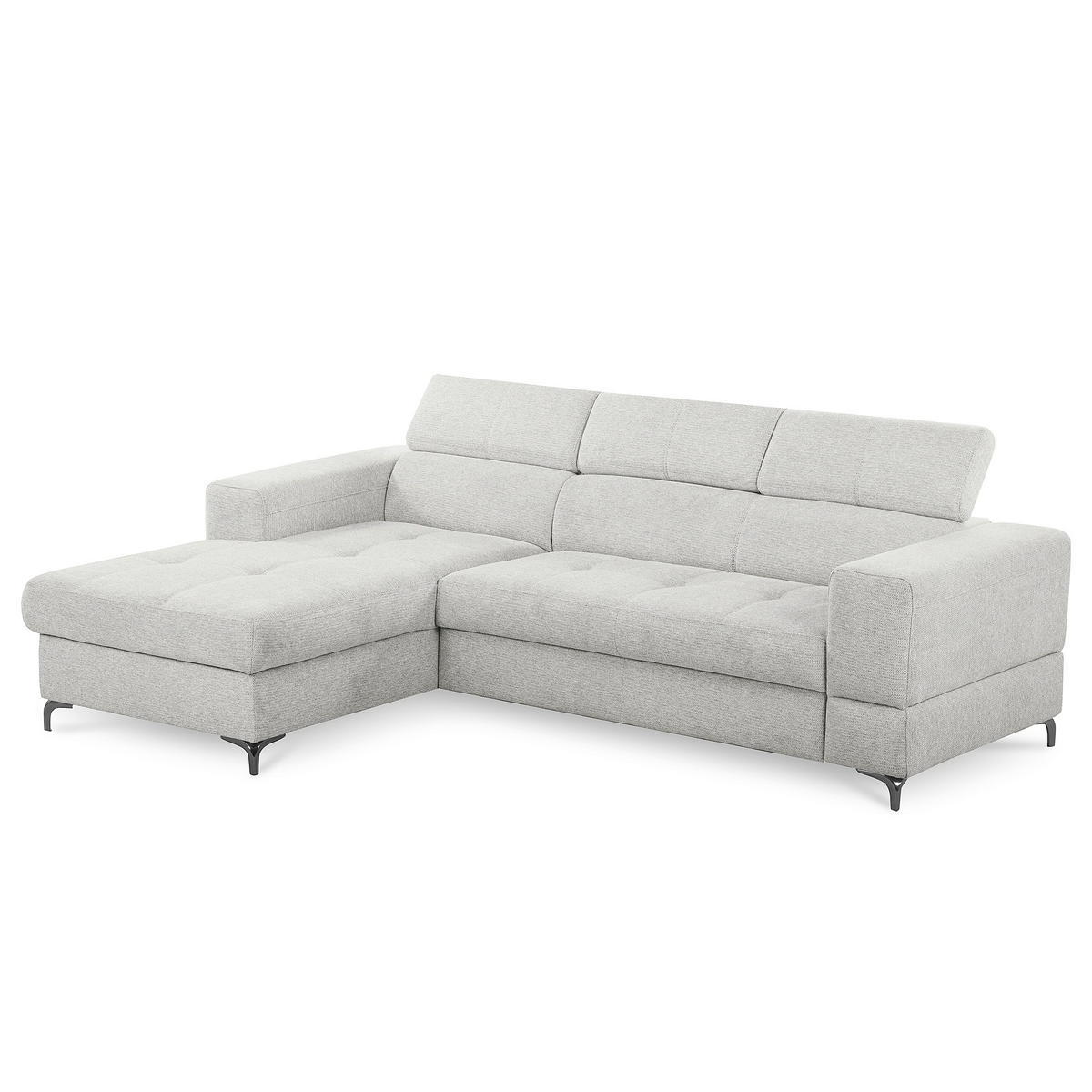 ECKSOFA TORINO Hellgrau Chenille Bettkasten, Kopfteilverstellung  - Schwarzchrom/Hellgrau, Design, Textil/Metall (173/247cm) - Livetastic