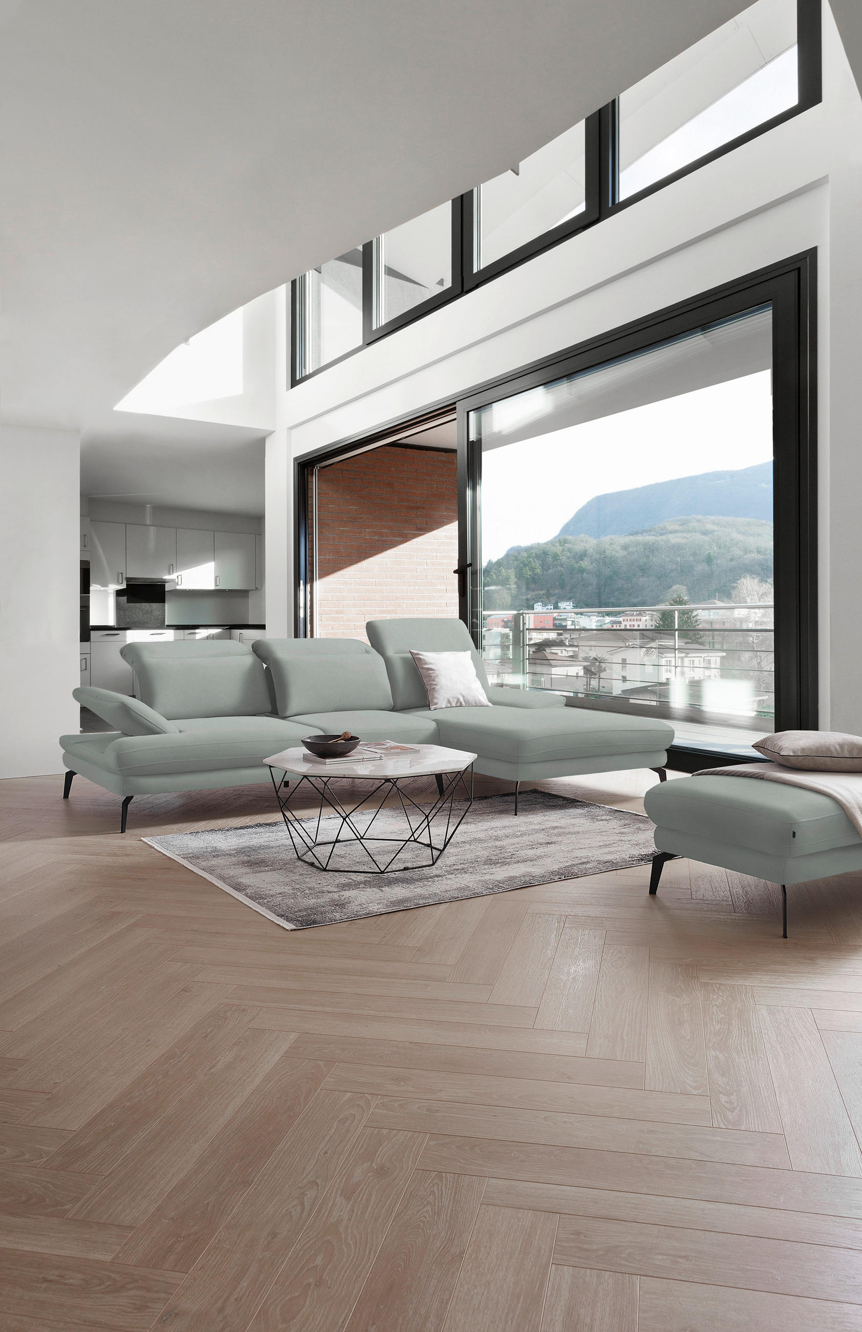 ECKSOFA in Flachgewebe Hellgrau  - Hellgrau/Schwarz, Design, Textil/Metall (289/180cm) - Stylife