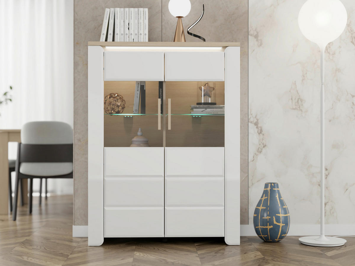 KOMÓD 96/129.5/35 cm  - Bianco tölgy/fehér, Basics, faalapú anyag/üveg (96/129.5/35cm) - Carryhome