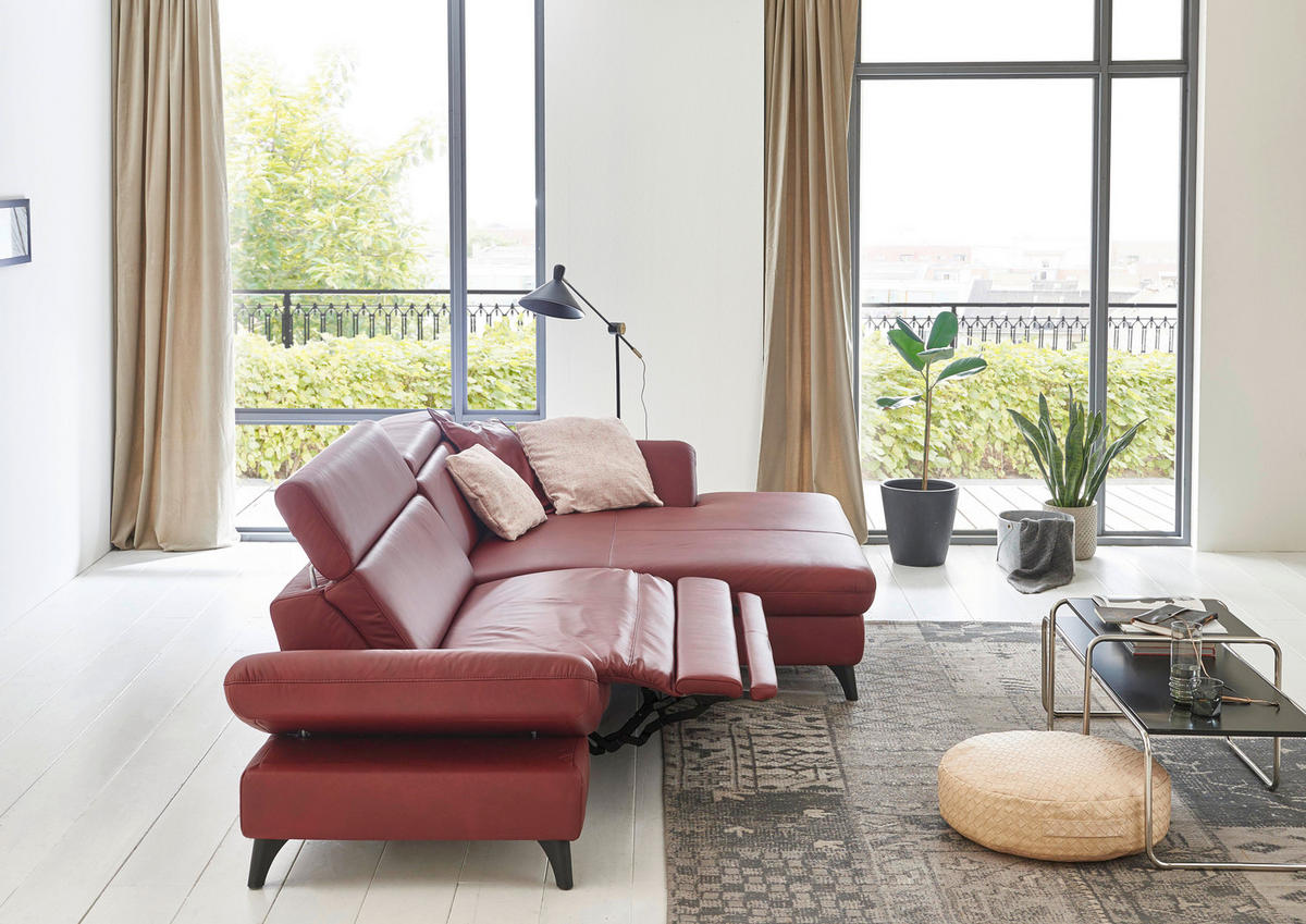 ECKSOFA Bordeaux Echtleder  - Bordeaux/Schwarz, Design, Leder/Metall (316/184cm) - Cantus