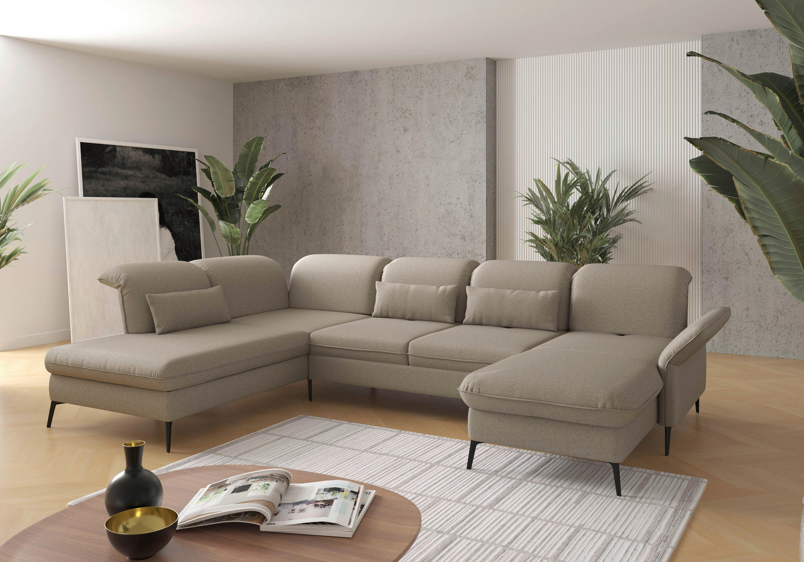 WOHNLANDSCHAFT in Flachgewebe Taupe  - Taupe/Schwarz, Konventionell, Textil/Metall (231/359/198cm) - Sit & More