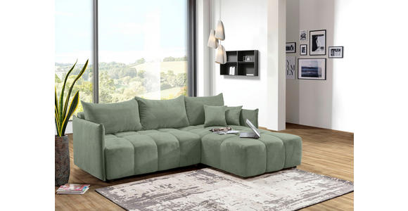 ECKSOFA Salbeigrün Plüsch Zierkissen, Rückenkissen, Bettkasten, Schlaffunktion, Rücken echt, Liegefläche im Originalstoff  - Salbeigrün/Schwarz, KONVENTIONELL, Kunststoff/Textil (253/192cm) - Carryhome