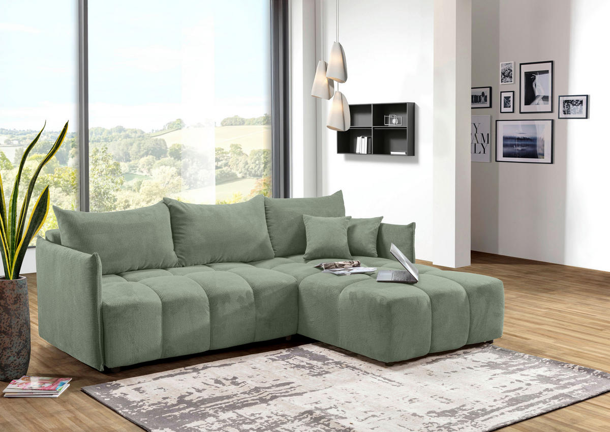 ECKSOFA Salbeigrün Plüsch Zierkissen, Rückenkissen, Bettkasten, Schlaffunktion, Rücken echt, Liegefläche im Originalstoff  - Salbeigrün/Schwarz, KONVENTIONELL, Kunststoff/Textil (253/192cm) - Carryhome