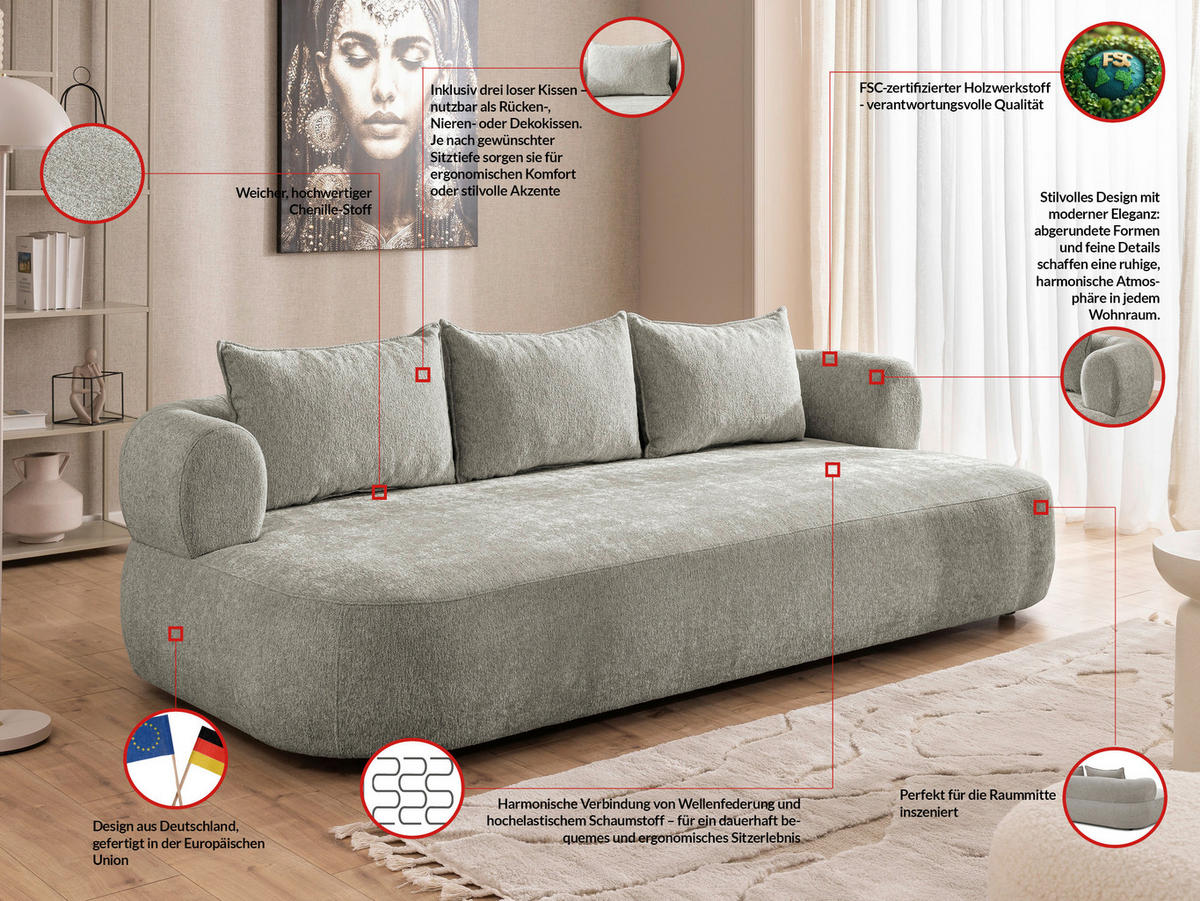 BIGSOFA in Chenille Hellgrau  - Hellgrau/Schwarz, Design, Kunststoff/Textil (240/76/122cm) - Livetastic